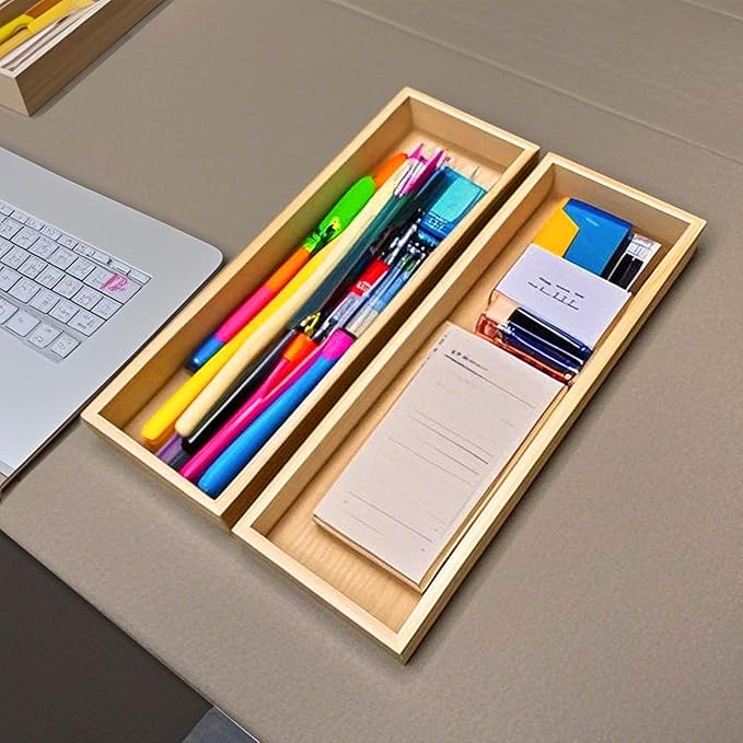 Bamboo Drawer Organizer, Utensil Organizer for Kitchen, Bamboo Storage Box Wood Silverware Tray for Drawer Set of 2