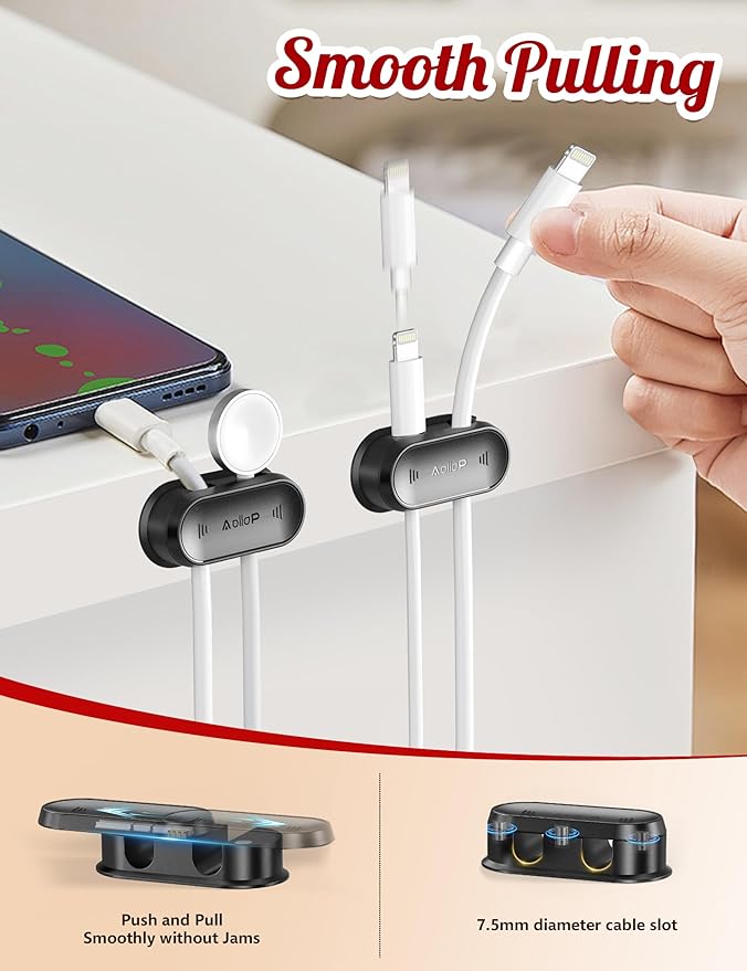 5Pack Cable Clips - 10 Hole Cord Organizer for Desk [Both Sides 1s Smooth Push] Nightstand Phone Charging Cord Holder, Adhesive Wire Organizer Keeper for Home/Car/Table, Office Desk Accessories, White