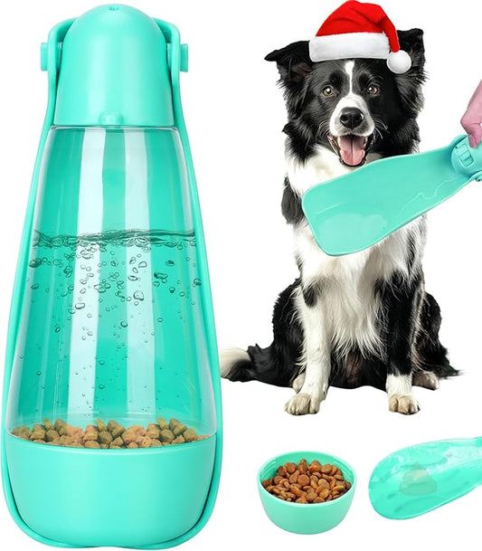 UPSKY Portable Dog Water Bottle, 3-in-1 Foldable Dog Water Dispenser with Food Container & Poop Scooper, Leak Proof, Ideal for Walking, Traveling, Hiking with Small/Large Dogs, 14.2 oz(Green)