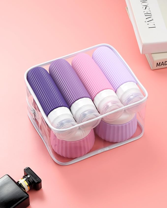 Travel Bottles 8 Pack, TSA Approved 3 oz Toiletries Containers, Leak Proof Silicone Squeezable Essentials Jars with Clear Bag