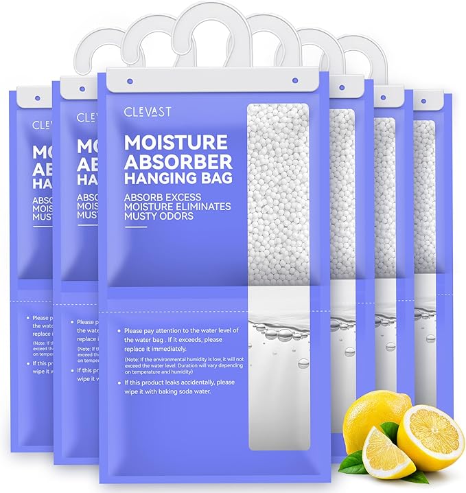 CLEVAST Moisture Absorbers Packets - 15.2 OZ, 6 Pack, Lemon Fragrance Big Dehumidifier Bags for Closet, Hanging Humidity Absorber in Wardrobes, Bedrooms, Bathrooms