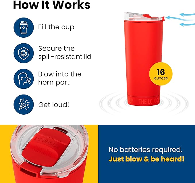 The LoudCup Blow Horn Tumbler, Cheer & Sip 2-in-1 Reusable Water Bottle with Built-In Horn for Sports Games, Tailgates, Parties & Events, BPA-Free