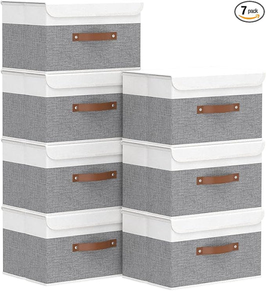 Yawinhe Collapsible Storage Bin, Cube Organizer Basket, Fabric Box with Lids, Washable and Leather Handle, for Home, Closet, White/Grey, 13.0''Lx9.0''Wx7.9''H, 7-Pack, SNK024WGS-7