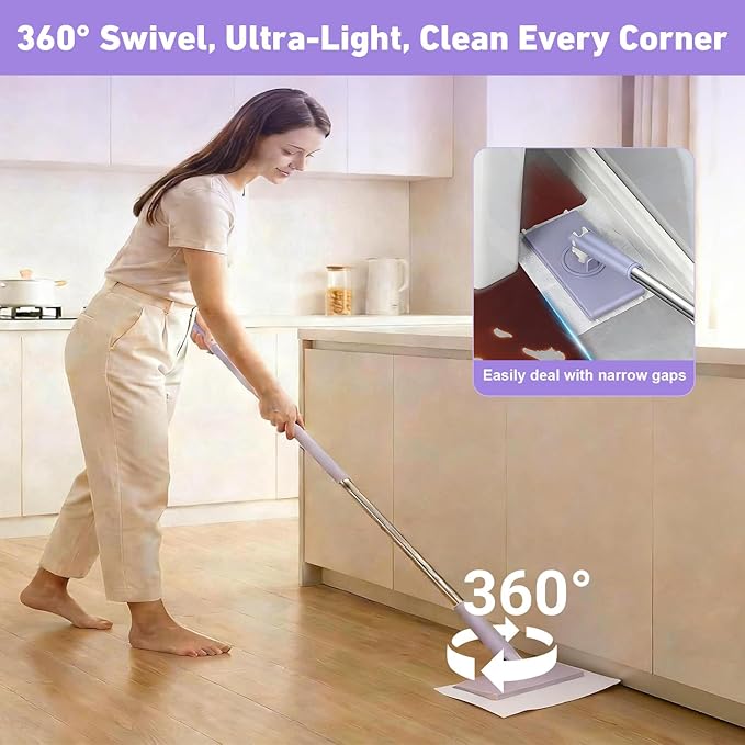Snap Grip Mini Mop, Cloth Changing Mini Mop for Dry & Wet Disposable Pads, Lazy mopa automatic gripping with Sweeping & Mopping, Long Handle Disposable Dust Mop for Hardwood, Tile, Small Space(Purple)