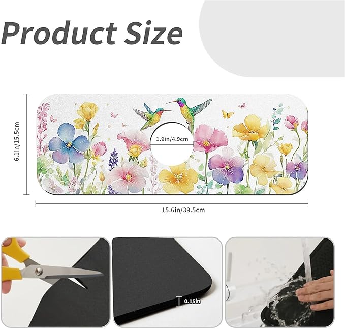 Kitchen Sink Splash Guard，Spring-flowers with hummingbirds Faucet Mat Sink Gadgets-Super Absorbent Fast Drying Mat Drip Catcher for Kitchen, Bathroom,Sink Mat, Dish Drying Mat, Bathroom(15" X 5.5" )
