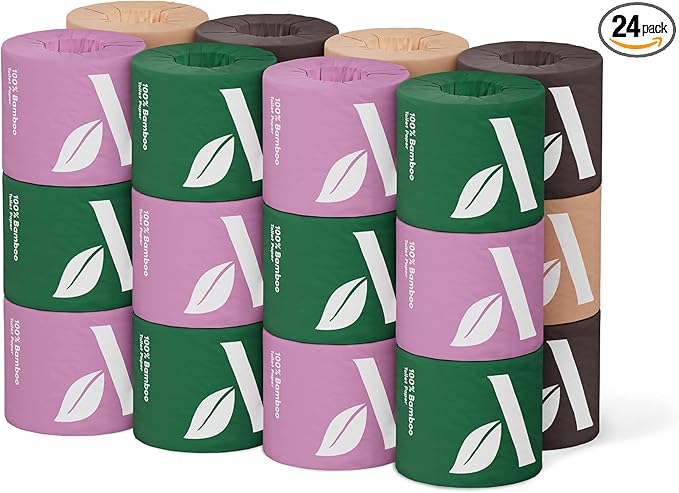 Amazon Aware Bamboo 3-Ply Toilet Paper, Unscented, 24 Rolls, FSC Certified, 350 Sheets, 8400 Count, Pack of 24, Plastic-Free