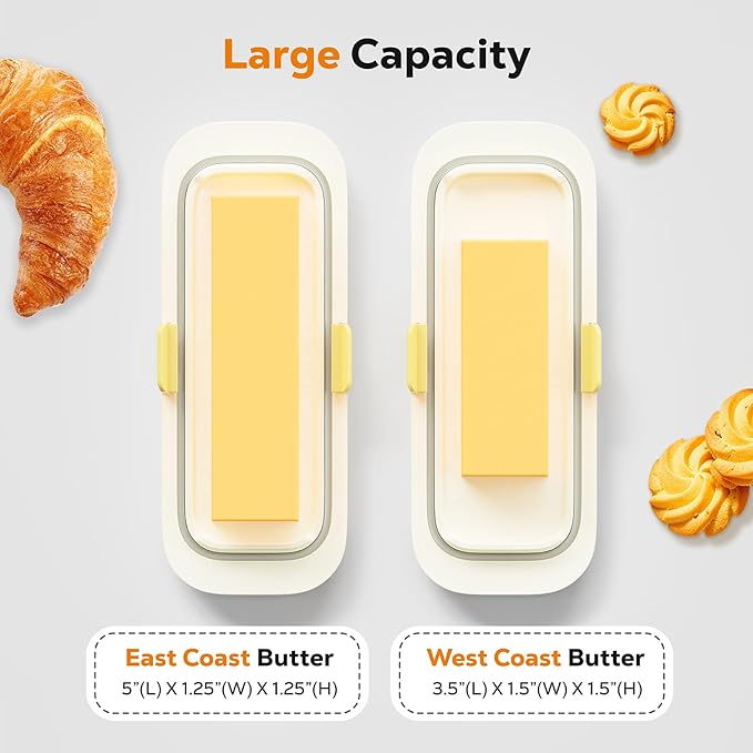 Butter Dish with Lid for Countertop and Refrigerator Door Shelf, Airtight Butter Keeper Container, Locking Butter Holder for East/West Coast Butter, BPA-free, Microwave/Dishwasher Safe