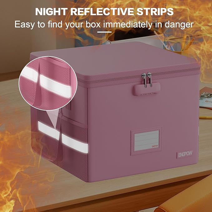 ENGPOW 5200°F File Box Fireproof Document Box with Lock, Heat Insulated Collapsible File Storage Organizer Box with Handle, Portable Home Office File Cabinet for Hanging Letter/Legal Size Folder, Pink