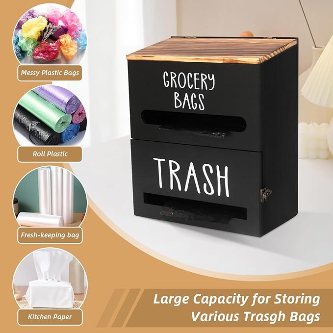2-in-1 Trash Bag Dispenser, Double Wall-Mounted, Wood Trash Bag Holder, for kitchen, garage, laundry room, can store eco-friendly food bags and trash bags (Black)