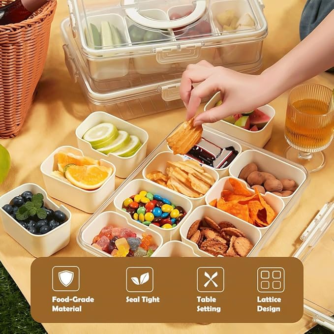 Divided Snackle Box Container-8 Compartment Snack Tray with Lid & Handle,BPA Free Stackable Snack Organizer for Fruits,Veggies,Candy,Reusable Airtight Food Storage for Fridge, Travel, Picnic, Party