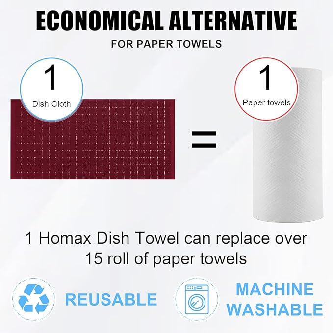 Homaxy 100% Cotton Terry Kitchen Towels(Burgundy Red, 13 x 28 inches), Checkered Designed, Soft and Super Absorbent Dish Towels, 6 Pack