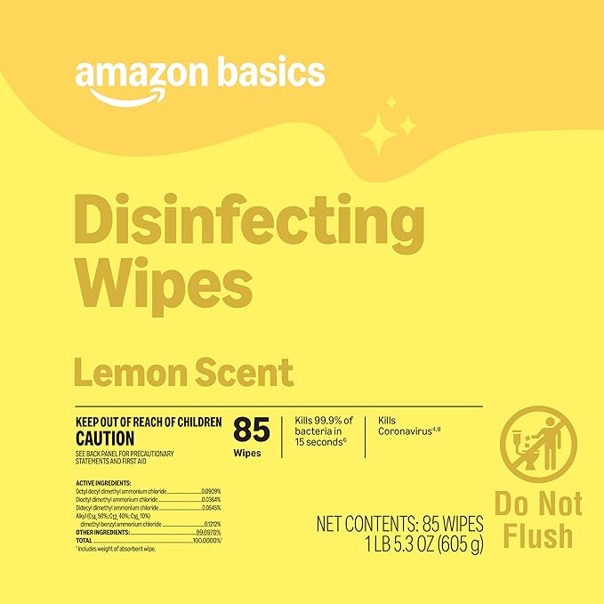 Amazon Basics Disinfecting Wipes, Lemon Scent, for Sanitizing, Cleaning & Deodorizing, 255 Count (3 Packs of 85), Packaging May Vary