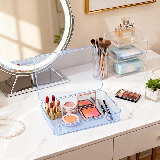 LJY 12 Pieces Rectangular Empty Mini Clear Plastic Organizer Storage Box Containers with Hinged Lids (4.5 x 3.3 x 1.1 inch, Blue)