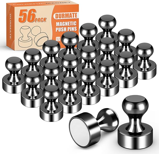 Strong Whiteboard Magnets, Tiny Cute Magnetic Push Pins for Refrigerator, Craft, 56PCS Magnetic Clips, Black Neodymium Magnets for Kitchen, Office, Bulletin Board, Shopping List