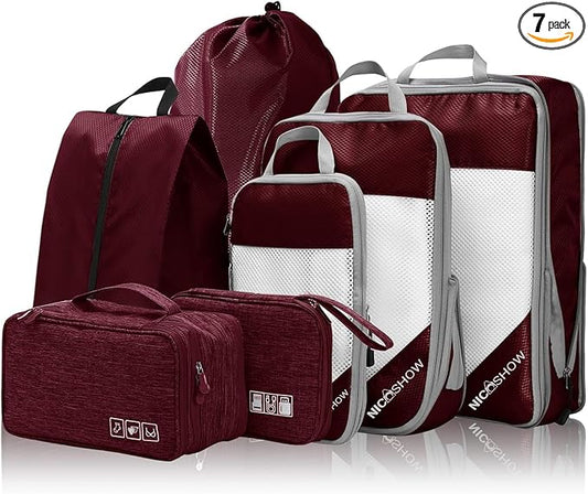 7 Set Compression Packing Cubes for Travel - Compressible, Lightweight, and Space-Saving Packing Cubes, Travel Essentials for Women, Wine