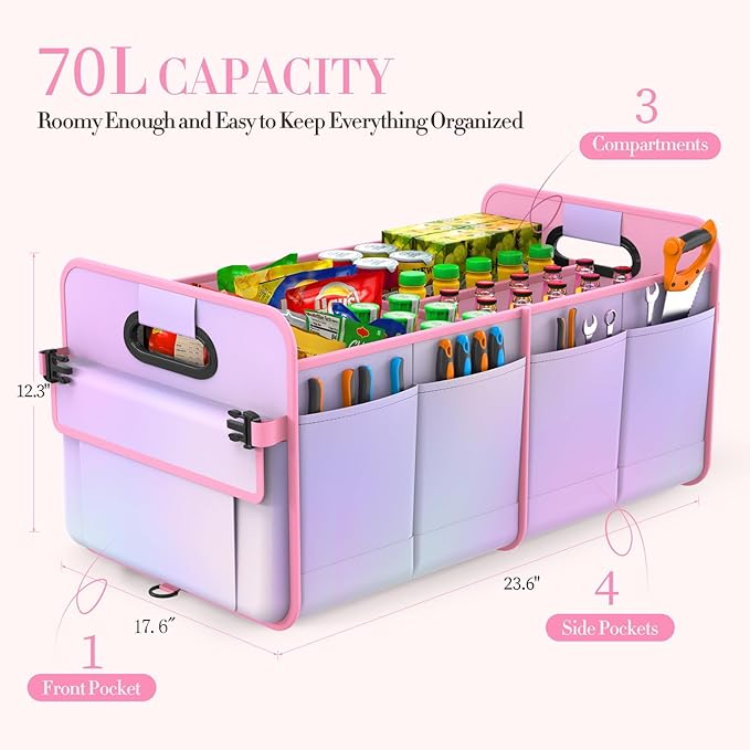 Trunk Organizer For Suv&Sedan,Car Organizers & Storage, Waterproof Collapsible & Adjustable Straps,70L Sturdy Car Organization for Car Accessories,Tools,Sundries,2-3Compartment(Colorful Pink)