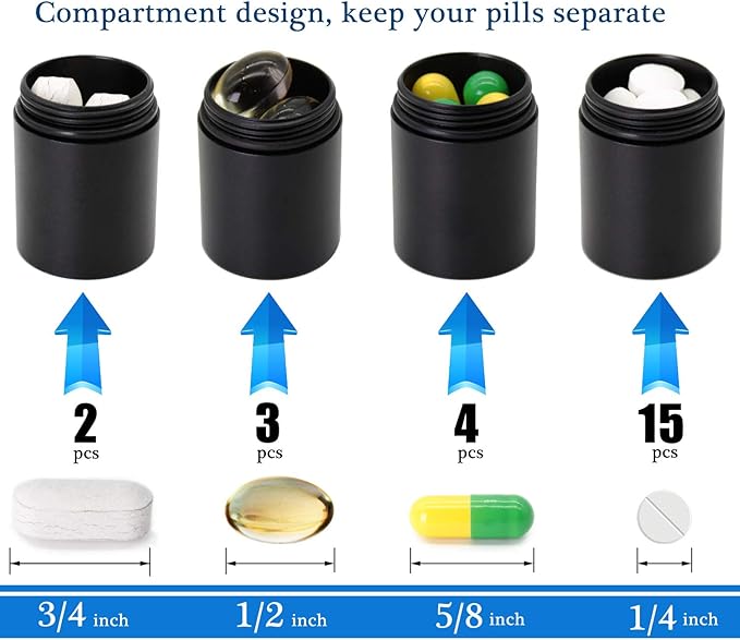 PPFISH Portable Daily Pill Case, 3 Compartments Aluminum Alloy Waterproof Pill Box Dispenser, Small Pocket Pill Container, Keychain Pill Fob, Travel Pill Holder for Men Women