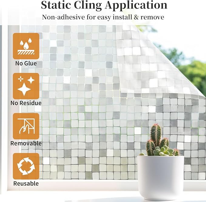 Window Privacy Film Frosted Glass Window Film Decorative, Removable Static Cling Heat Blocking Sun Blocker Front Door Window Covering for Bathroom Home Office (Mosaic, 17.5" x 78.7")