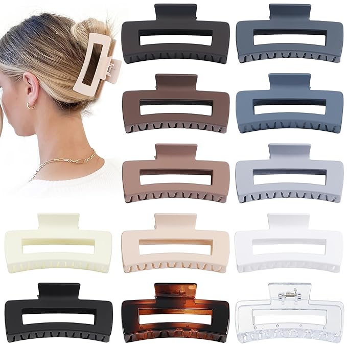 Large Square Jumbo Hair Clips - 4.1 Inch Big Jaw Clips for Thick Hair, 12 Pcs Bulk Accessories for Women and Girls - Neutral
