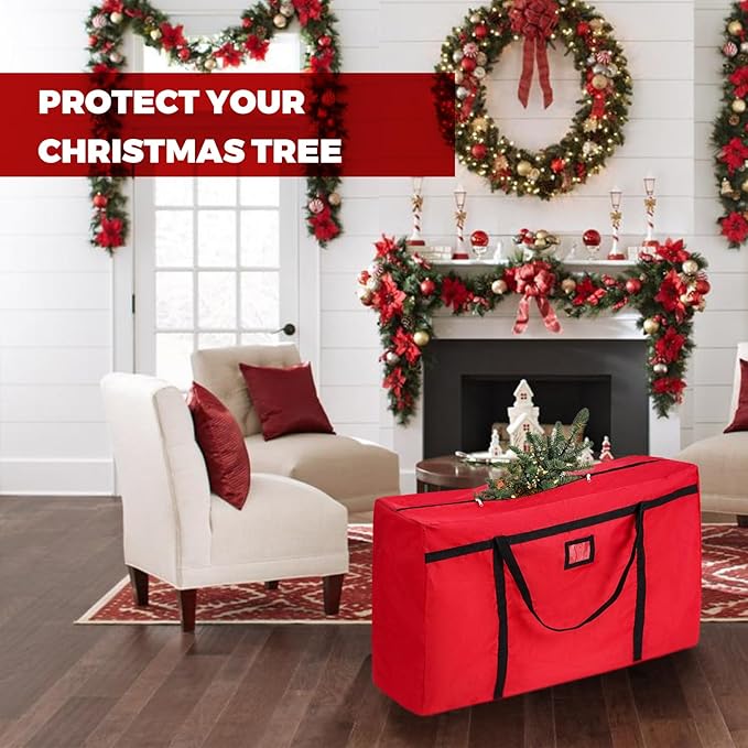 Christmas Tree Storage Bag, Fits Up 4 Ft / 5 Ft Tall Artificial Trees-Heavy Duty Holiday Storage Box with Durable Reinforced Handles & Zipper & Pocket- 600D Oxford Tree Storage Container, Red