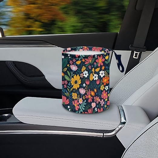 Panskyllis Colorful Flowers Car Garbage Trash Can Collapsible Trash Rubbish Bin Basket Bag Portable Cup Holder Organizer with Strap Universal Storage Bag Box for Front Seat, Back Seat, Headrest
