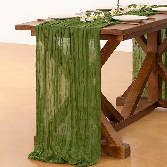 Socomi Moss Green Summer Cheesecloth Table Runner Boho Rustic Gauze 120 inch 10FT Cheese Cloth Sheer Runner for Wedding Party Baby Shower Birthday Home Decor Holiday Decorations