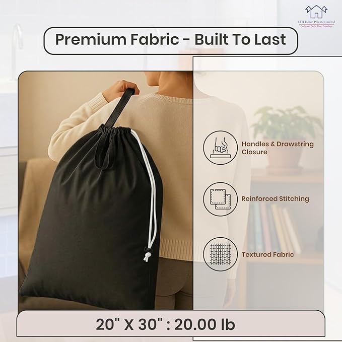 LFH Home Large Premium Cotton Canvas Laundry Bag with Drawstring and Handles Heavy Duty, Multi-Use, and Washable for Home, Travel, College or Storage 20x30 (Pack of 4)-Black