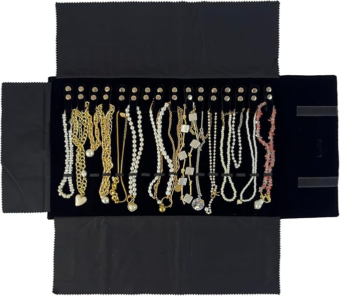 UnionPlus Velvet Travel Jewelry Roll Bag Organizer for Necklace, Elastic Band and Anti-winding, Black