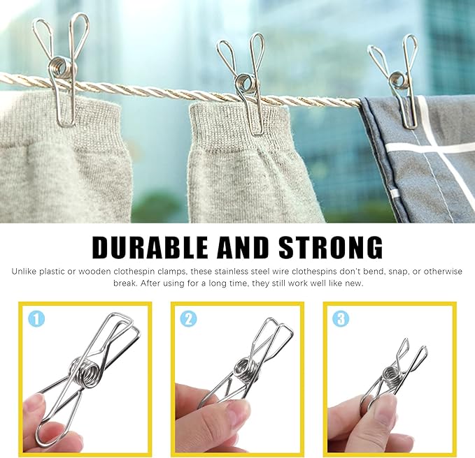 145 Pcs Multi-Purpose Stainless Steel Clothes Pins with Spring Lanyard Hook, 4/6/8 CM Windproof Metal Wire Utility Clips Clothespin, Bag Clips, Heavy Duty Tightly Seals Chip for Home Office