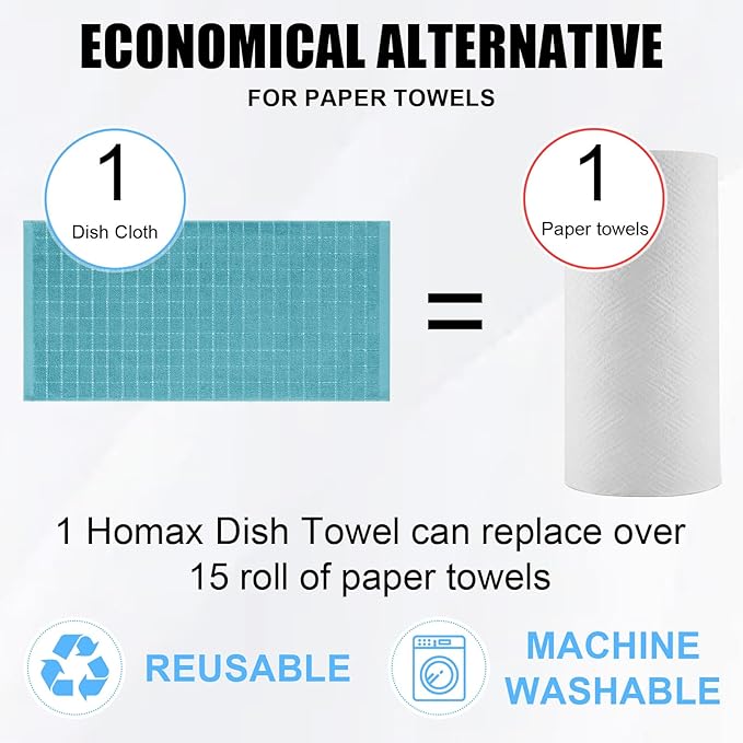Homaxy 100% Cotton Terry Kitchen Towels(Lake Blue, 13 x 28 inches), Checkered Designed, Soft and Super Absorbent Dish Towels, 12 Pack