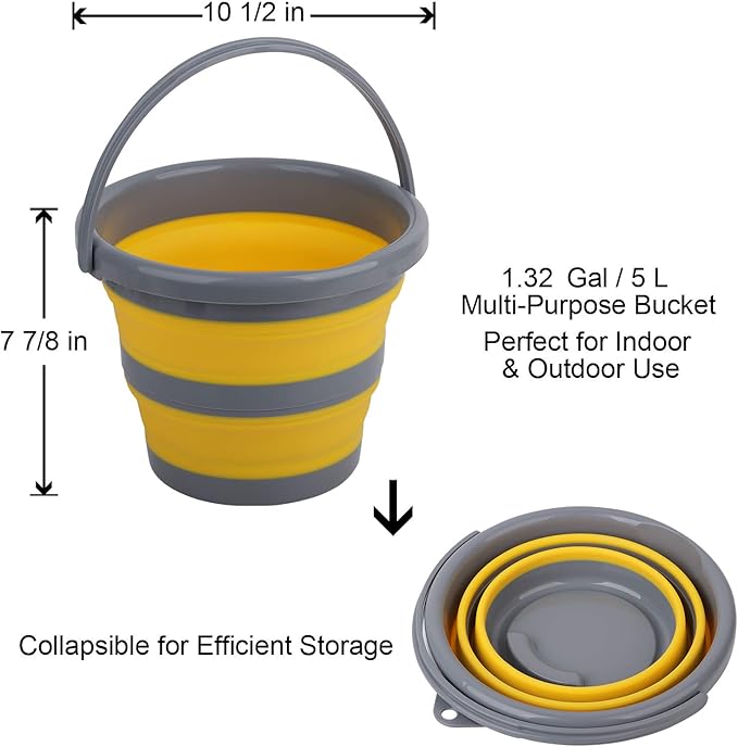 2 Pack Collapsible Plastic Bucket with 1.32 Gallon (5L) Each, Foldable Round Tub, Space Saving Outdoor Waterpot for Garden or Camping, Portable Fishing Water Pail
