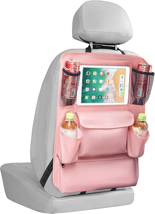 LUCMO Car Backseat Organizer with Touch Screen Tablet Holder, 9 Storage Pockets Car Storage Organizer, Protectors Kick Mats Travel Accessories for Kids - Pink