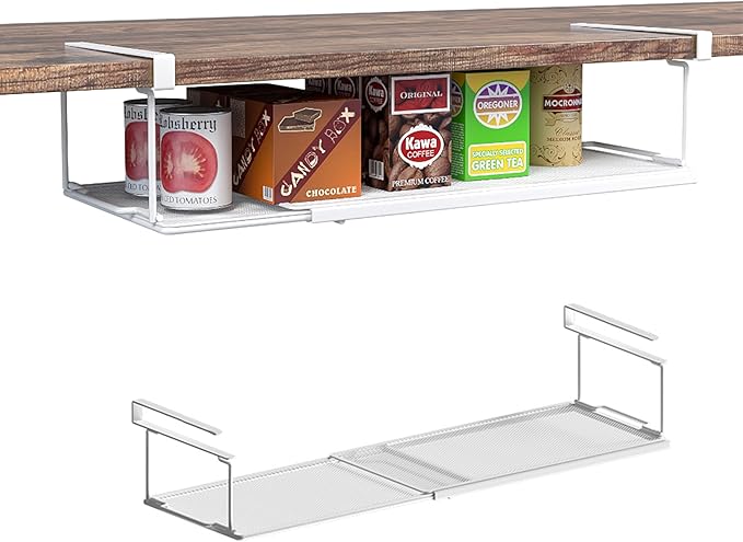 2 Pack Expandable Under Cabinet Shelf, Under Shelf Storage with 0.94 Inches Thick Clips for Kitchen Cupboard, Metal Hanging Under Desk Basket for Laundry Room, Cabinet, Shoe Rack