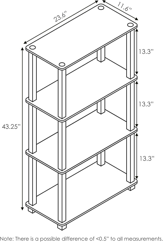 Furinno TURN-S-TUBE Storage Shelves, 4-Tier Book Shelf, Corner Shelf, Toolless Open Shelves, for Organization and Storage, Living Room, Garage, Home Office, Americano