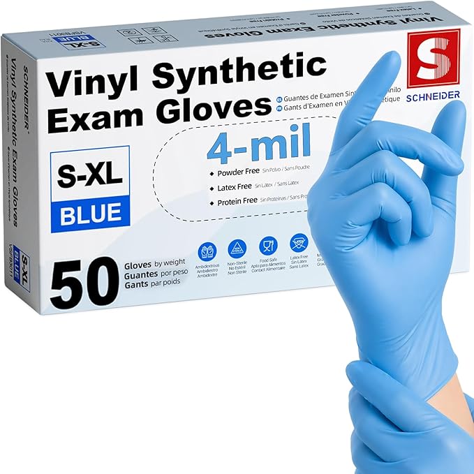 Schneider Vinyl Synthetic Exam Gloves, 4 Mil, Latex Free Disposable Gloves for Medical, Cooking, Cleaning, and Food Prep