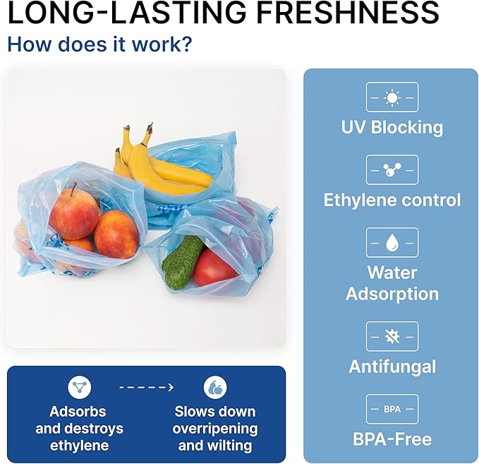 Freshpack 247 Food Bags Roll 10×14 inches (1 gallon) – Tear-Off Bags on a Roll, Reusable, Ethylene Absorption Helps Keep Food Fresh up to 3× Longer – Biodegradable, BPA-Free, UV-Shielded, SGS Tested