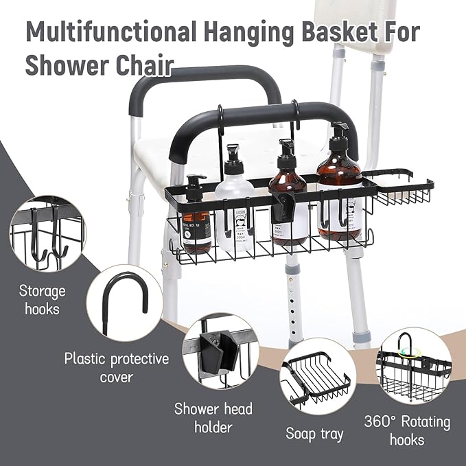 TYYIHUA Hanging Shower Caddy for Shower Chair with Hooks, Soap Tray and Shower Rack, Bathroom Showers Organizer Basket for Elderly, Pregnant, Patient, Handicap Accessories for Daily Living