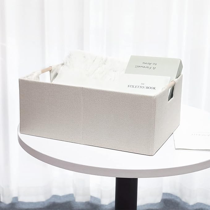 Fabric Storage Bin Box Foldable Cotton Linen Storage Basket with Wooden Handles Rectangular Cube Decorative Home Laundry Organizer Clothes Blanket Container - Beige, Small