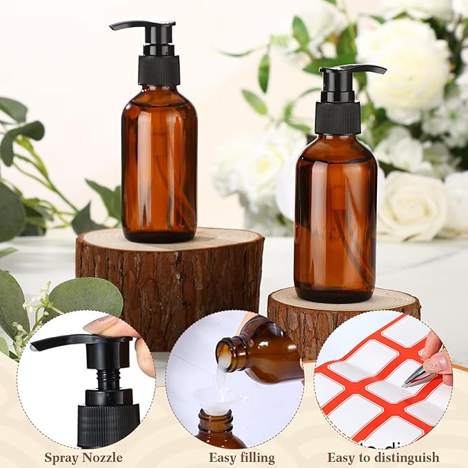 Fumete 2 Pack Glass Bottles 4oz Empty Refillable Liquid Containers with 1 Label 1 Funnel for Essential Oils Hair Travel Plants Cleaning Skin Care(Amber, Black Top,Pump Bottle)