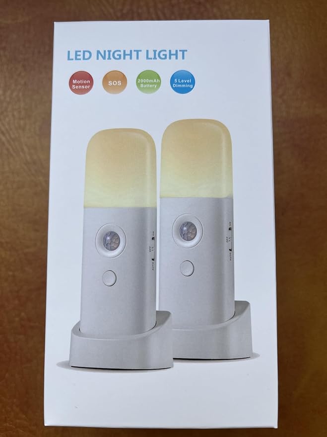 YELKO Motion Sensor Night Light, 2000mAh Rechargeable Night Lights Battery Powered, Portable Dimmable Nightlights with 5 Brightness Levels for Kids,Adults(Cool White 2Pack)