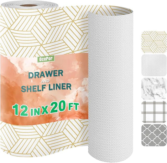 OcePor Non-Adhesive Drawer and Shelf Liner 12IN x 20FT，Non Slip Cabinet and Cupboard Liner, Kitchen Cabinet Liners for Shelves, Waterproof Drawer Shelf Liners for Cabinets/Bathroom Cupboard