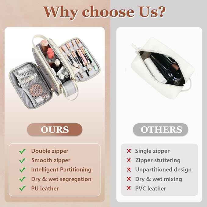 Travel Toiletry Bag for Women, Toiletry Bags for Traveling Women's Leather, Compartments Make Up Bags for Women, Cosmetic Pouch Organizer, White- R