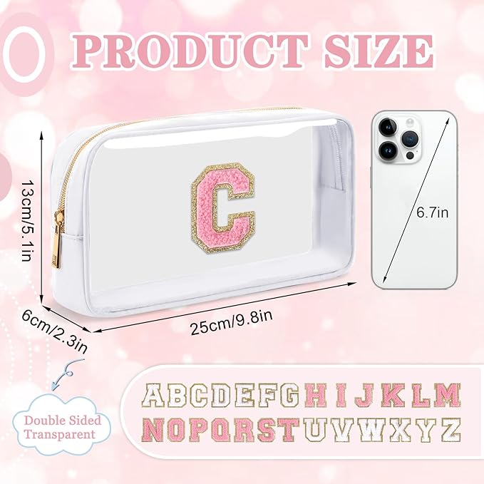 Small Clear Personalized Initial Makeup Bag,Nylon Preppy A-Z Chenille Letter Patch Cosmetic Pouch Beach Toiletry Bag,Waterproof Zipper Travel Purse Storage Bag Organizer for Women Girls(White-Pink C)