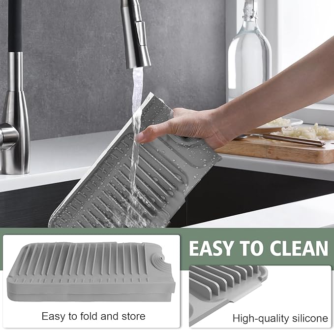 Hugro Tarfive 24-Inch Kitchen Sink Splash Guard Mat | 7° Slope for Fast Self-Draining | Snap-Lock Design | Universal & Cuttable Silicone Faucet Mat Gray