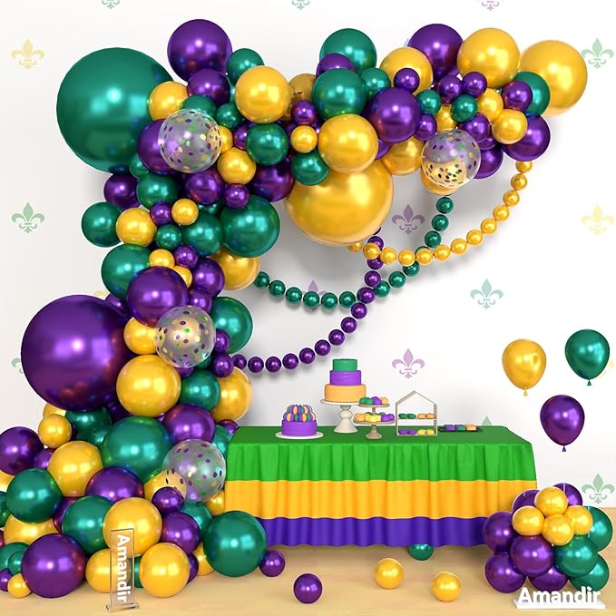 Amandir 153pcs Mardi Gras Decorations Balloons Arch Garland Kit, Different Sizes 18 12 10 5inch Pearl Purple Green Gold Confetti Mardi Gras Balloons for Fat Tuesday Carnival Birthday Party Supplies