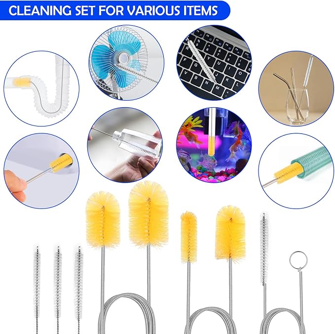 12pcs Flexible Drain Brush 78 Inch Pipe Cleaning Brush 63 Inch Drain Cleaner Brush 59 Inch Hose Brush and 3 Pcs 9 Inch Straw Cleaner Brush for Straws Kitchen Sink Plumbing Shower Drain Tube (Yellow)