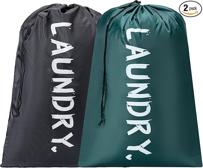 2 Pack XL Travel Laundry Bag, Machine Washable Dirty Clothes Organizer with Drawstring, Large Enough to Hold 4 Loads of Laundry, Easy Fit a Laundry Hamper or Basket Travel Essentials 24" x 36"