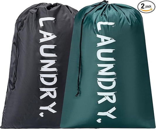 2 Pack XL Travel Laundry Bag, Machine Washable Dirty Clothes Organizer with Drawstring, Large Enough to Hold 4 Loads of Laundry, Easy Fit a Laundry Hamper or Basket Travel Essentials 24" x 36"