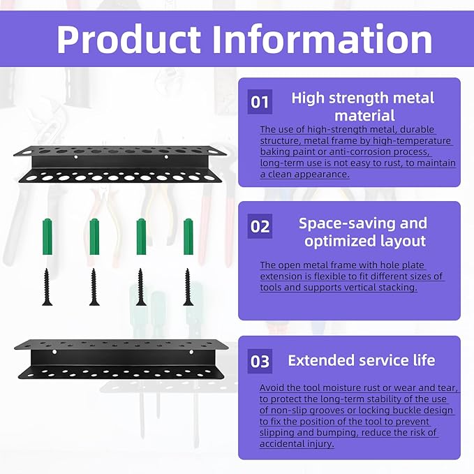 2 Pack Screwdriver Organizer Wall Mounted – Heavy Duty Rustproof Tool Organizer with Durable Design, Space-Saving Storage for Garage, Workshop, Home Workbench