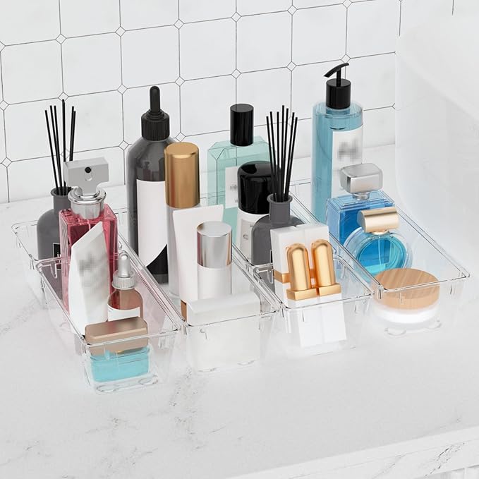 WOWBOX 12 Pack Clear Drawer Organizer Set, Acrylic Drawer Storage Trays, Storage Bins for Makeup, Cosmetics, Jewelry, Utensils, Gadgets, Office